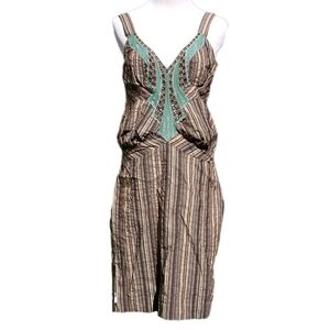 NWOT Pinstripe Silk Nicole Miller V-Neck Mini Dress, Brown, Tan, Aqua 
